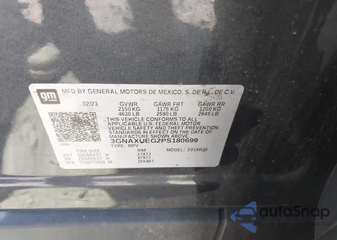 2023 Chevrolet Equinox Awd Lt z USA, uszkodzony, nr VIN 3GNAXUEG2PS180699